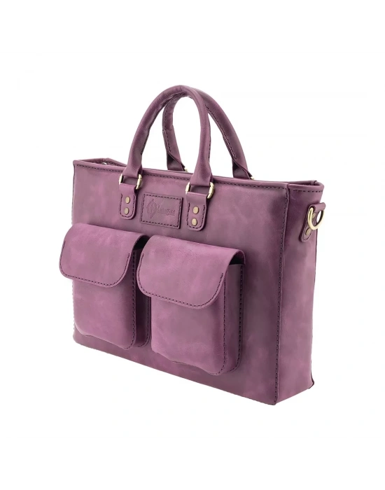 İsme Özel Askılı Cepli Evrak - Laptop Çantası - %100 Rainbow Deri - AC09002 - Mor