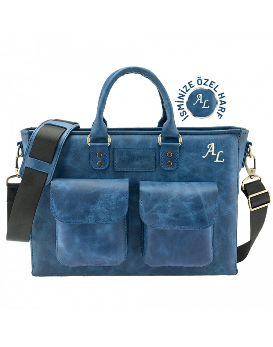 İsme Özel Askılı Cepli Evrak - Laptop Çantası - %100 Rainbow Deri - AC09002 - Saks Mavisi