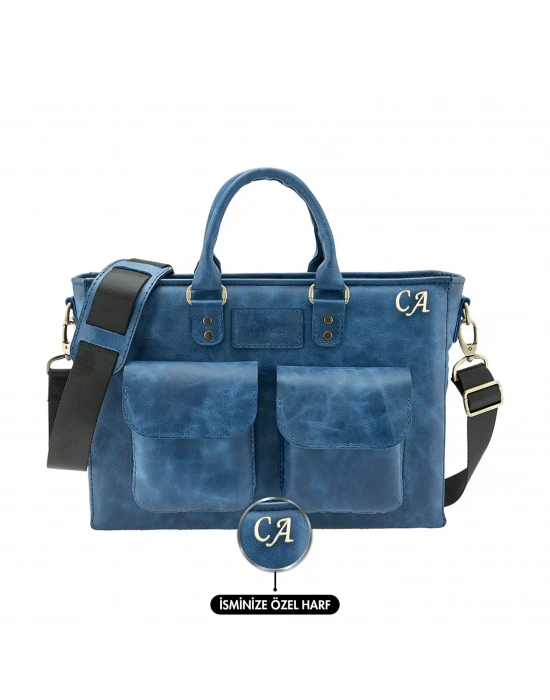 İsme Özel Askılı Cepli Evrak - Laptop Çantası - %100 Rainbow Deri - AC09002 - Saks Mavisi