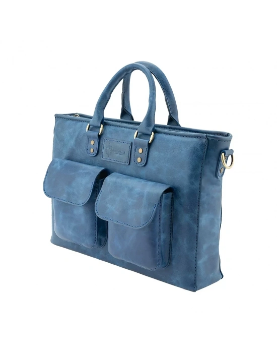 İsme Özel Askılı Cepli Evrak - Laptop Çantası - %100 Rainbow Deri - AC09002 - Saks Mavisi