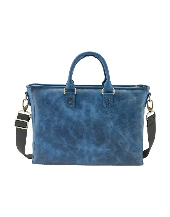 İsme Özel Askılı Cepli Evrak - Laptop Çantası - %100 Rainbow Deri - AC09002 - Saks Mavisi