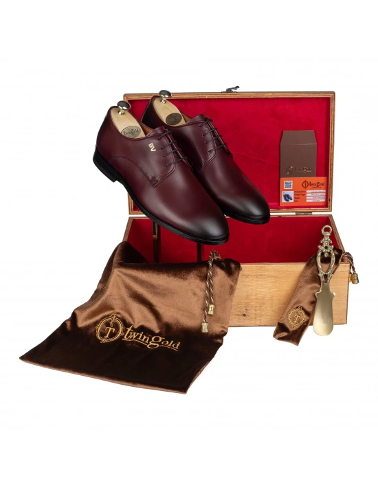 İsme Özel Bağcıklı Kösele Erkek Ayakkabı - %100 Hakiki Antik Deri - Altın Harf - AA01001 - Bordo