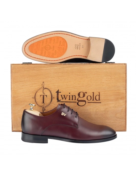 İsme Özel Bağcıklı Kösele Erkek Ayakkabı - %100 Hakiki Antik Deri - Altın Harf - AA01001 - Bordo