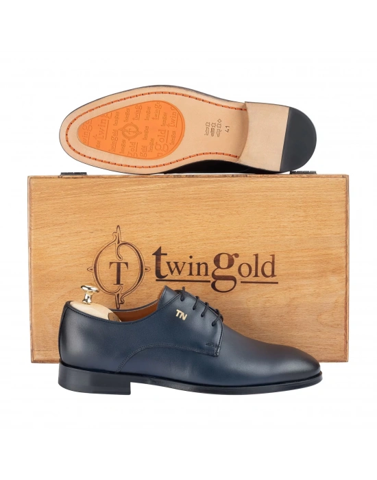 İsme Özel Bağcıklı Kösele Erkek Ayakkabı - %100 Hakiki Antik Deri - Altın Harf - AA01001 - Lacivert