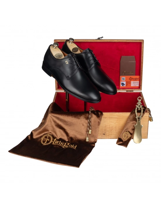 İsme Özel Bağcıklı Kösele Erkek Ayakkabı - %100 Hakiki Antik Deri - Altın Harf - AA01001 - Siyah