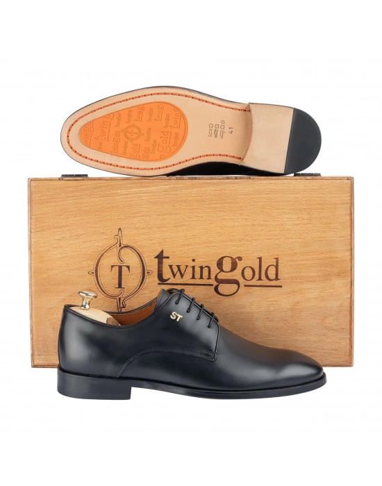 İsme Özel Bağcıklı Kösele Erkek Ayakkabı - %100 Hakiki Antik Deri - Altın Harf - AA01001 - Siyah