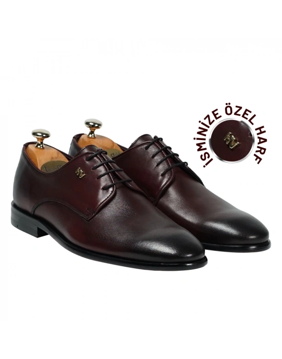 İsme Özel Bağcıklı Kösele Erkek Ayakkabı - %100 Hakiki Antik Deri - Gümüş Konseptli - AA01009 - Bordo