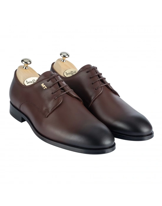 İsme Özel Bağcıklı Kösele Erkek Ayakkabı - %100 Hakiki Antik Deri - Gümüş Konseptli- AA01009 - Kahverengi