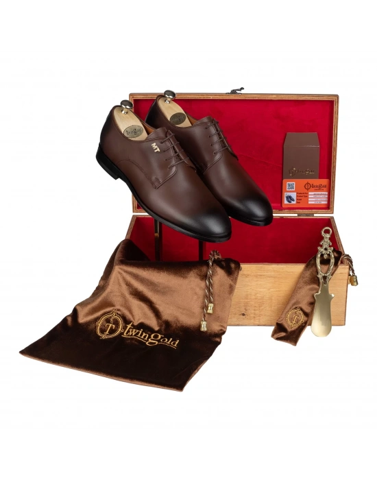 İsme Özel Bağcıklı Kösele Erkek Ayakkabı - %100 Hakiki Antik Deri - Gümüş Konseptli- AA01009 - Kahverengi