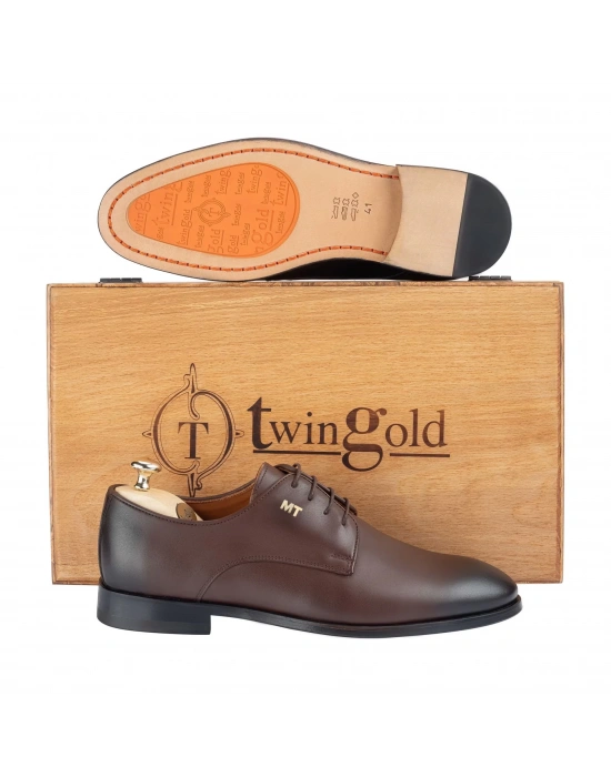 İsme Özel Bağcıklı Kösele Erkek Ayakkabı - %100 Hakiki Antik Deri - Gümüş Konseptli- AA01009 - Kahverengi