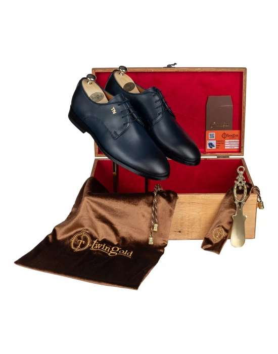 İsme Özel Bağcıklı Kösele Erkek Ayakkabı - %100 Hakiki Antik Deri - Gümüş Konseptli- AA01009 - Lacivert