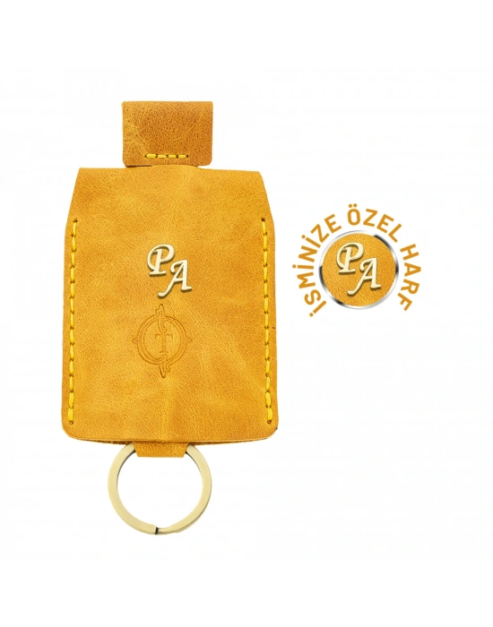 İsme Özel Çıtçıtlı Anahtarlık - % 100 Rainbow Deri - AG01001 - Hardal Sarısı