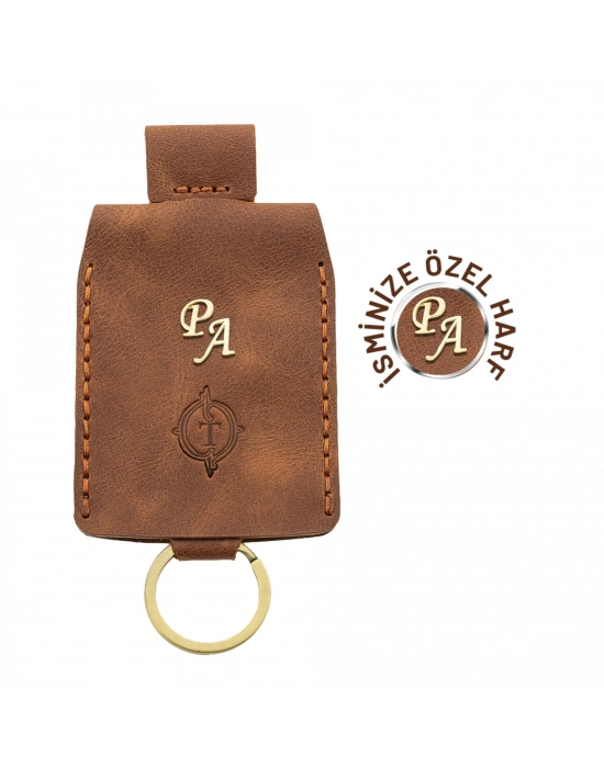 İsme Özel Çıtçıtlı Anahtarlık - % 100 Rainbow Deri - AG01001 - Kahverengi