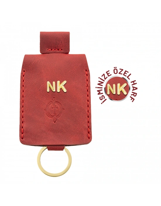 İsme Özel Çıtçıtlı Anahtarlık - % 100 Rainbow Deri - AG01001 - Kırmızı