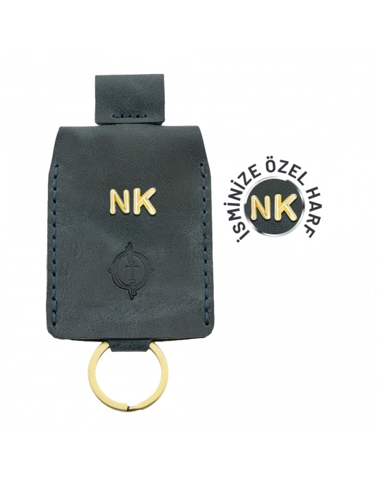 İsme Özel Çıtçıtlı Anahtarlık - % 100 Rainbow Deri - AG01001 - Lacivert