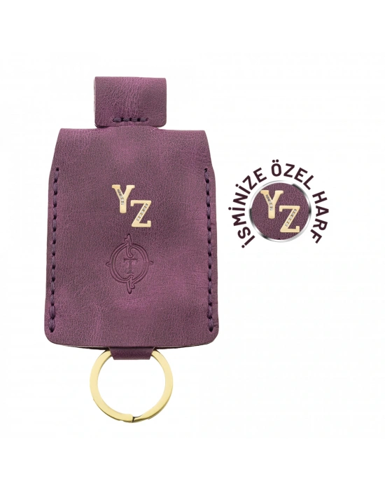 İsme Özel Çıtçıtlı Anahtarlık - % 100 Rainbow Deri - AG01001 - Mor
