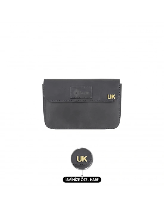 İsme Özel Çıtçıtlı El Çantası - %100 Crazy Deri - AC14002 - Antrasit