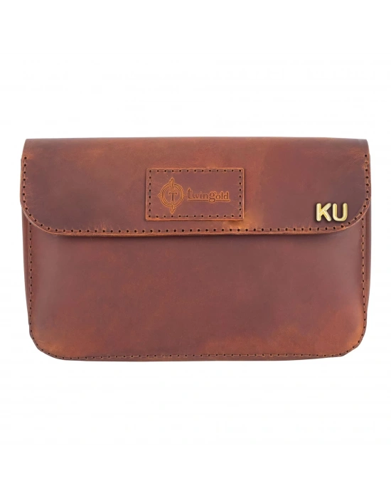 İsme Özel Çıtçıtlı El Çantası - %100 Crazy Deri - AC14002 - Taba