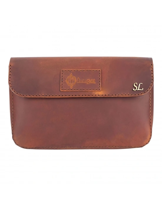 İsme Özel Çıtçıtlı El Çantası - %100 Crazy Deri - AC14002 - Taba