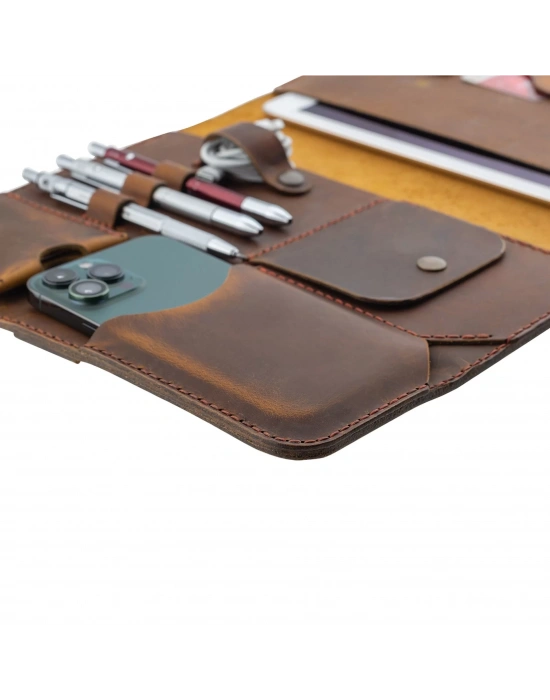 İsme Özel Çıtçıtlı Fonksiyonlu iPad Organizer - %100 Crazy Deri - 10,9 (İnç) - ET01004 - Taba