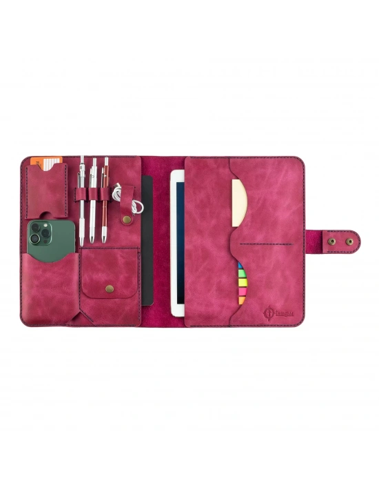 İsme Özel Çıtçıtlı Fonksiyonlu iPad Organizer - %100 Rainbow Deri - ET01002 - Fuşya