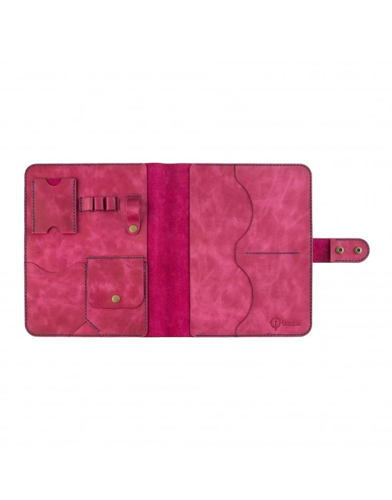 İsme Özel Çıtçıtlı Fonksiyonlu iPad Organizer - %100 Rainbow Deri - ET01002 - Fuşya
