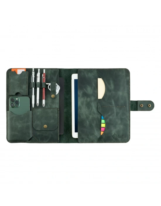 İsme Özel Çıtçıtlı Fonksiyonlu iPad Organizer - %100 Rainbow Deri - ET01002 - Haki