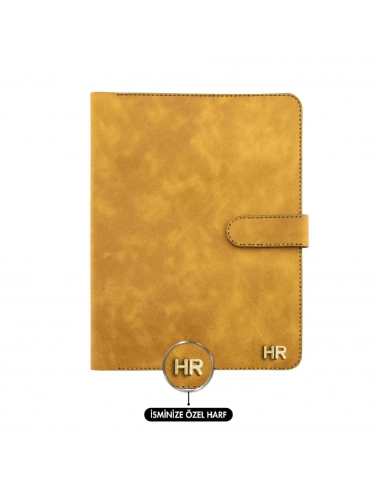 İsme Özel Çıtçıtlı Fonksiyonlu iPad Organizer - %100 Rainbow Deri - ET01002 - Hardal Sarısı