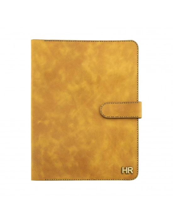 İsme Özel Çıtçıtlı Fonksiyonlu iPad Organizer - %100 Rainbow Deri - ET01002 - Hardal Sarısı