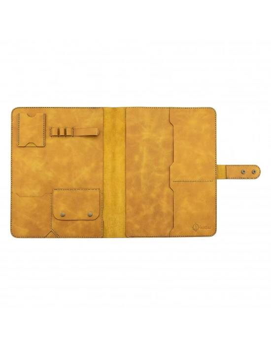 İsme Özel Çıtçıtlı Fonksiyonlu iPad Organizer - %100 Rainbow Deri - ET01002 - Hardal Sarısı