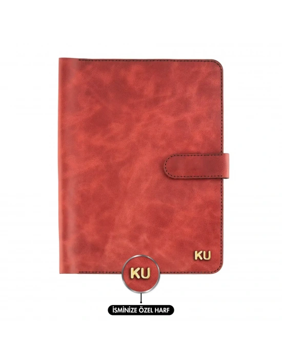 İsme Özel Çıtçıtlı Fonksiyonlu iPad Organizer - %100 Rainbow Deri - ET01002 - Kırmızı