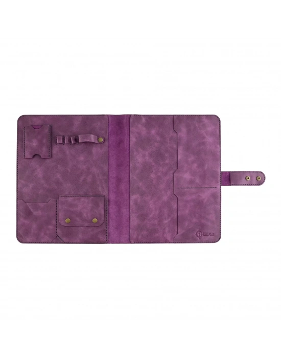 İsme Özel Çıtçıtlı Fonksiyonlu iPad Organizer - %100 Rainbow Deri - ET01002 - Mor