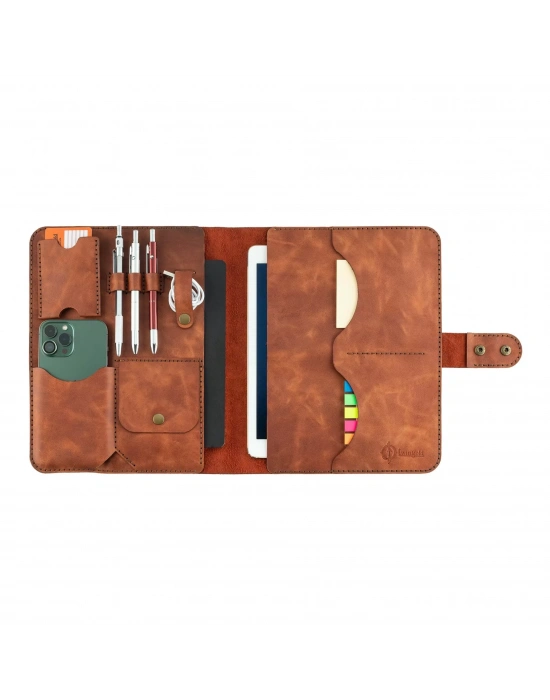 İsme Özel Çıtçıtlı Fonksiyonlu iPad Organizer - %100 Rainbow Deri - ET01002 - Tobacco