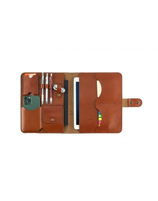 İsme Özel Çıtçıtlı Fonksiyonlu iPad Organizer - %100 Tiesto Deri - ET01003 - Tobacco
