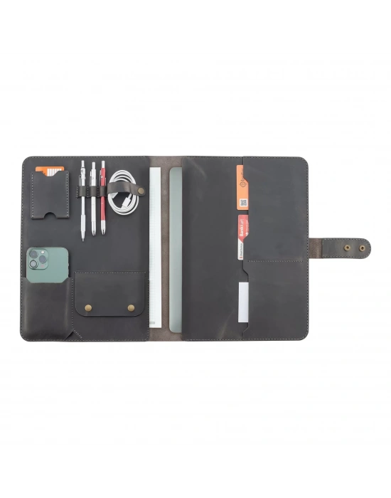 İsme Özel Çıtçıtlı Fonksiyonlu Macbook Organizer - %100 Crazy Deri - 11 (11 İnç) - ET02004 - Antrasit