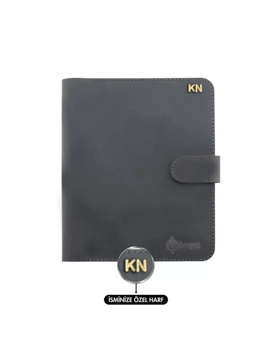 İsme Özel Çıtçıtlı Fonksiyonlu Macbook Organizer - %100 Crazy Deri - 11 (11 İnç) - ET02004 - Antrasit