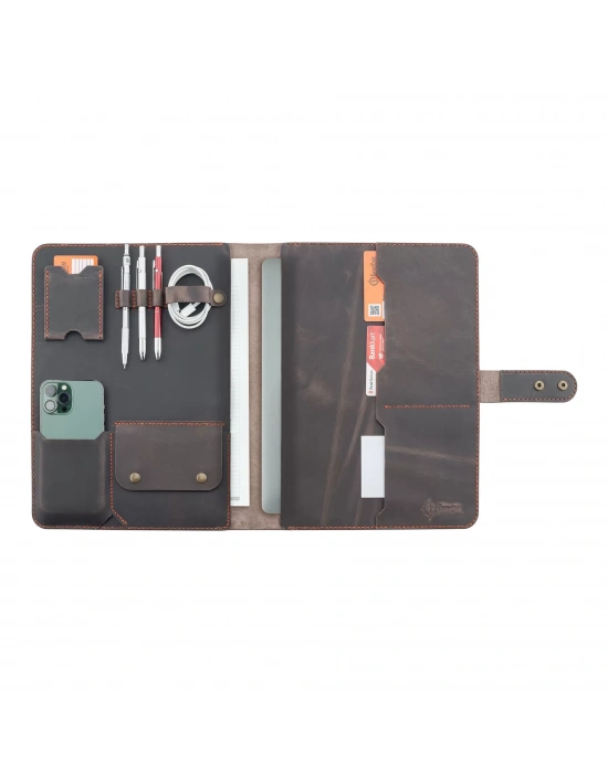 İsme Özel Çıtçıtlı Fonksiyonlu Macbook Organizer - %100 Crazy Deri - ET02004 - Kahverengi
