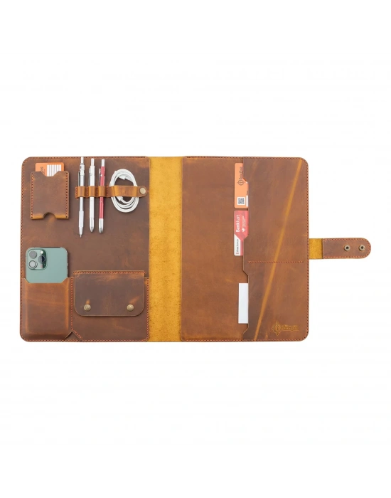 İsme Özel Çıtçıtlı Fonksiyonlu Macbook Organizer - %100 Crazy Deri - ET02004 - Taba