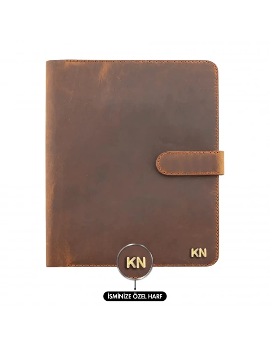 İsme Özel Çıtçıtlı Fonksiyonlu Macbook Organizer - %100 Crazy Deri - ET02004 - Taba