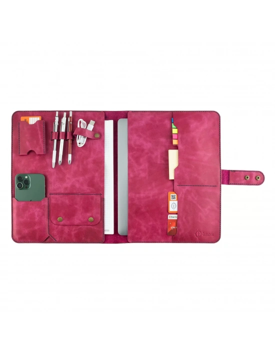 İsme Özel Çıtçıtlı Fonksiyonlu Macbook Organizer - %100 Rainbow Deri - ET02001 - Fuşya