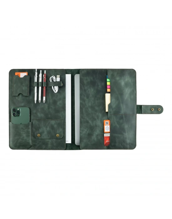 İsme Özel Çıtçıtlı Fonksiyonlu Macbook Organizer - %100 Rainbow Deri - ET02001 - Haki