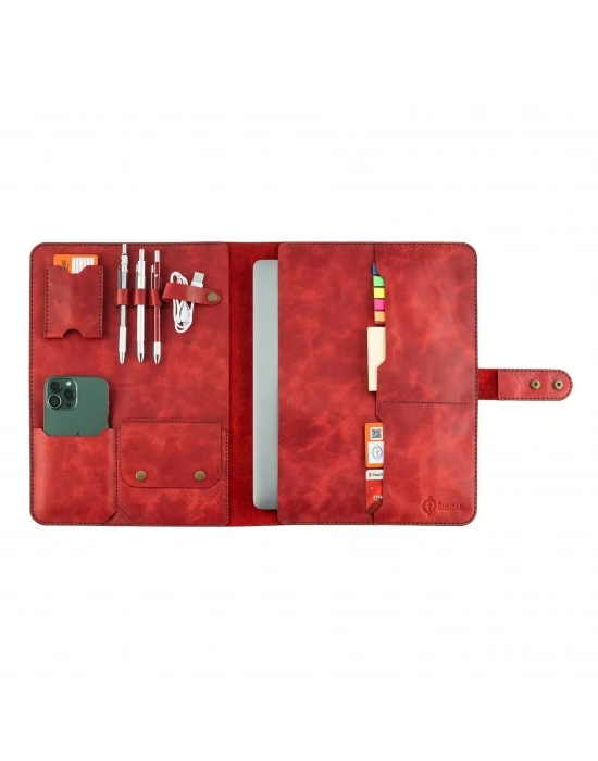 İsme Özel Çıtçıtlı Fonksiyonlu Macbook Organizer - %100 Rainbow Deri - ET02001 - Kırmızı