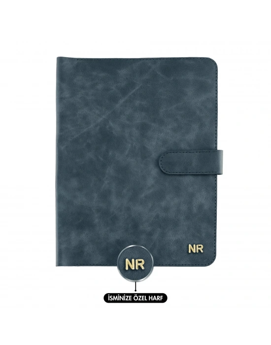 İsme Özel Çıtçıtlı Fonksiyonlu Macbook Organizer - %100 Rainbow Deri - ET02001 - Lacivert