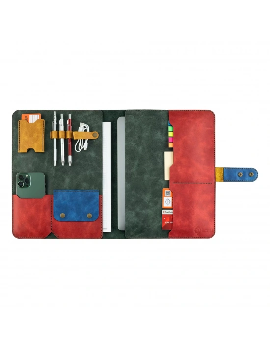 İsme Özel Çıtçıtlı Fonksiyonlu Macbook Organizer - %100 Rainbow Deri - ET02001 - Yeşil - Kırmızı