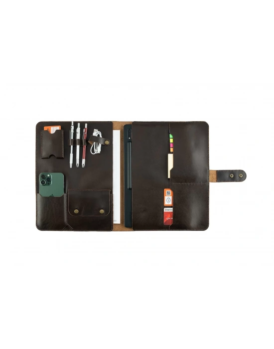 İsme Özel Çıtçıtlı Fonksiyonlu Macbook Organizer - %100 Tiesto Deri - ET02003 - Koyu Kahverengi