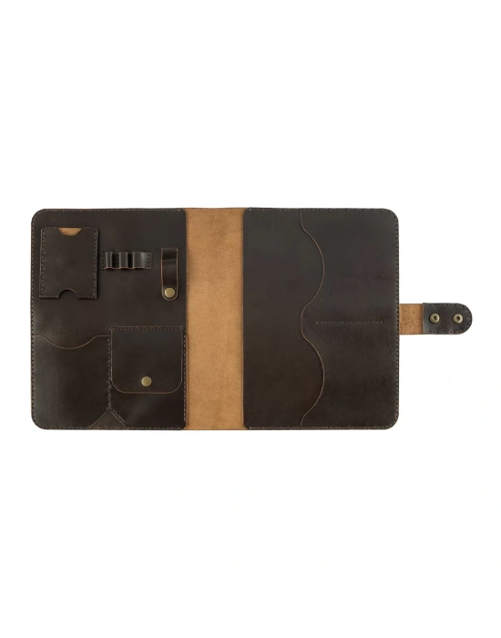 İsme Özel Çıtçıtlı Fonksiyonlu Macbook Organizer - %100 Tiesto Deri - ET02003 - Koyu Kahverengi