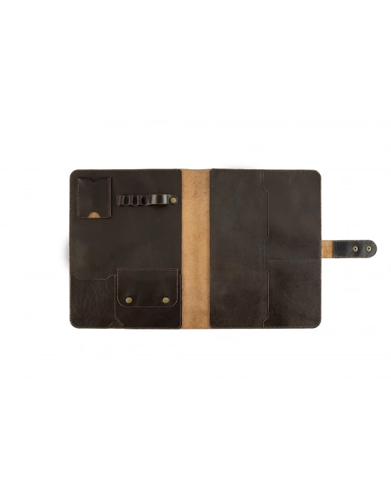 İsme Özel Çıtçıtlı Fonksiyonlu Macbook Organizer - %100 Tiesto Deri - ET02003 - Koyu Kahverengi