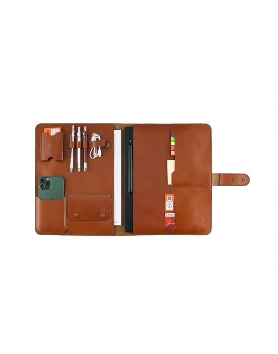 İsme Özel Çıtçıtlı Fonksiyonlu Macbook Organizer - %100 Tiesto Deri - ET02003 - Tobacco