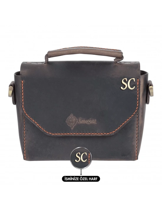 İsme Özel Çıtçıtlı Küçük Boy Zincirli El Omuz Çantası - %100 Crazy Deri - AC14003 - Kahverengi