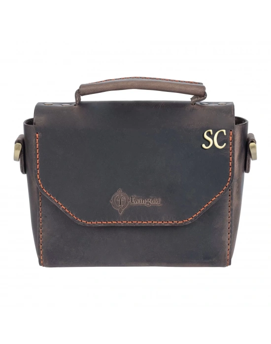 İsme Özel Çıtçıtlı Küçük Boy Zincirli El Omuz Çantası - %100 Crazy Deri - AC14003 - Kahverengi